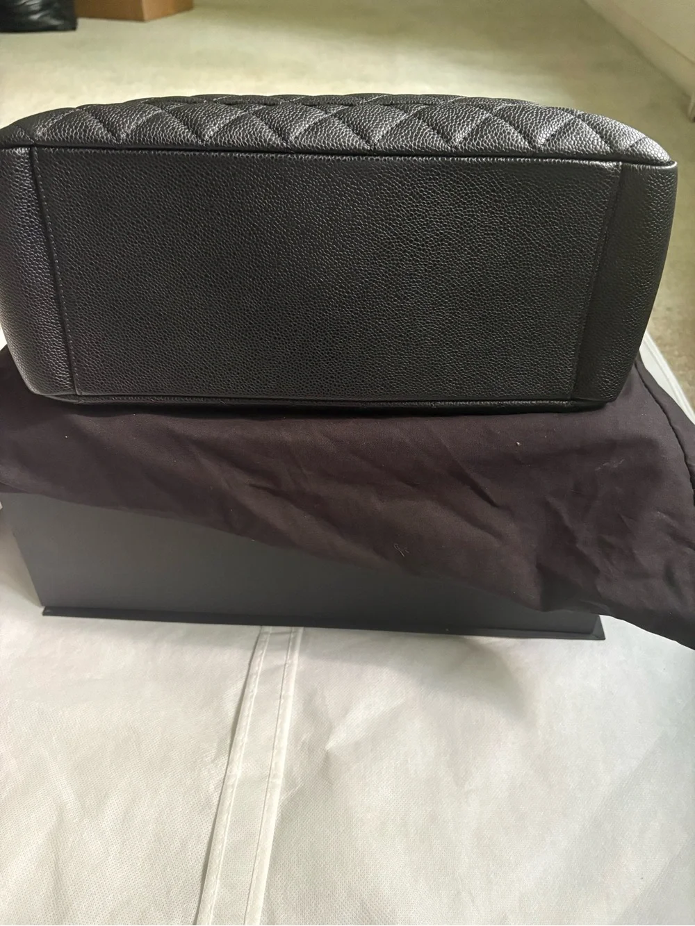 CHANEL Black Quilted Caviar Leather Tote with Silver Chain Handles